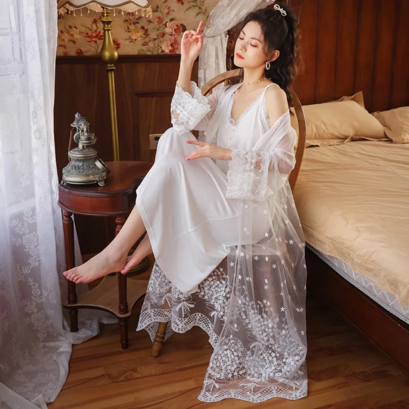 

Spring Long-sleeve Mesh Embroidered Robe French Court Bathrobe Lace Sexy Gown Sets Two-piece Sleepwear Women Set Night Dress
