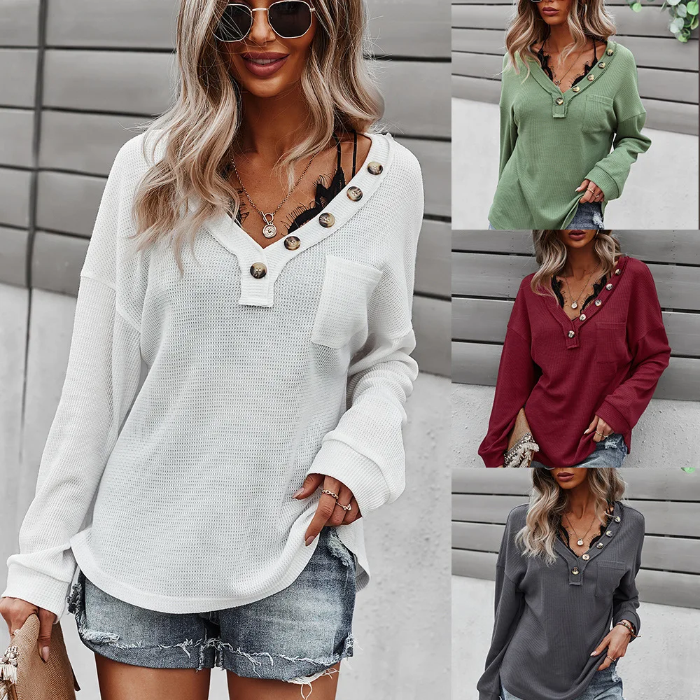 

Women Fashion Autumn Knitting White Sweatshirt Long Sleeve V-Neck Fashion Button Loose Casual Hoodie Tops Tee Streetwear толст