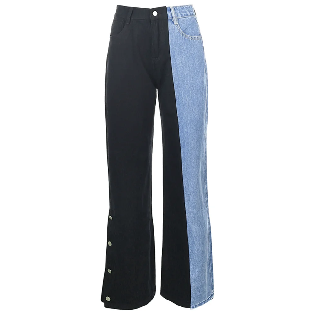 

XBUEN Women Button Split Jeans Blue Black Stitching Contrast Wide Leg Pants Female Casual High Waist Denim Trousers Streetwear