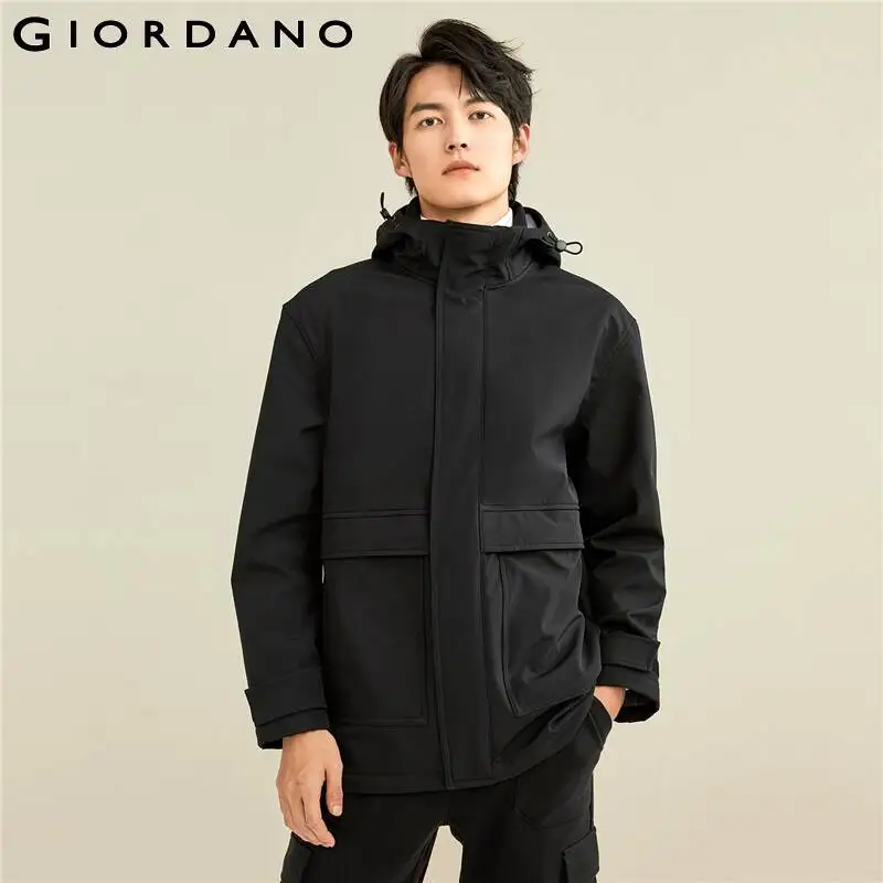 

Куртка Giordano мужская с большим накладным карманом, на флисе, с капюшоном, ветрозащитная, на молнии спереди, однотонная, черная, повседневная, ...
