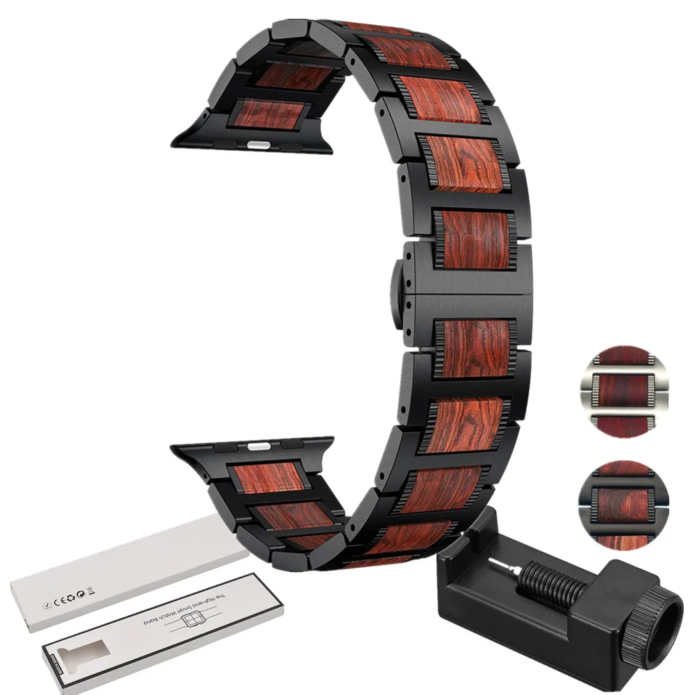 

Wood strap for Apple watch band 44mm 40mm 42mm 38 mm bracelet Natural Red Sandalwood+Stainless steel iWatch 4 3 5 se 6