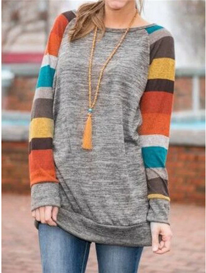 Осенняя женская футболка с полосатым рукавом длинная рубашка платье осенняя 2021