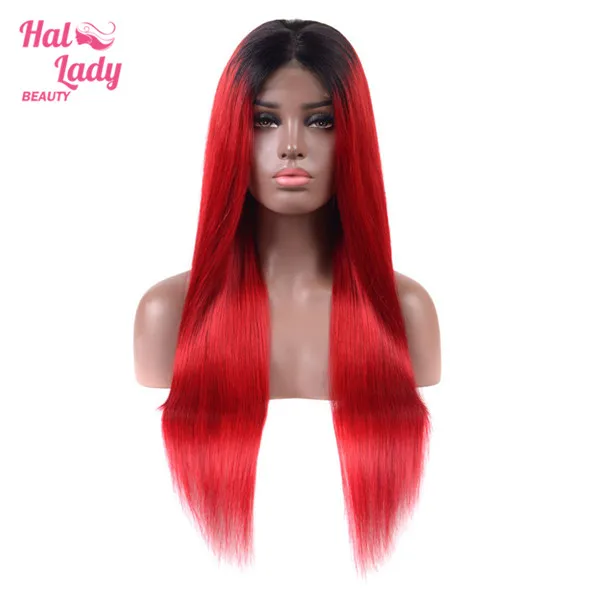 Halo Lady 4*4 парики шнурка T1B 27 99J красный перуанский Омбре цвет кружева человеческих волос парики 150% 250% с темными корнями не Реми - Цвет: T1B/красный