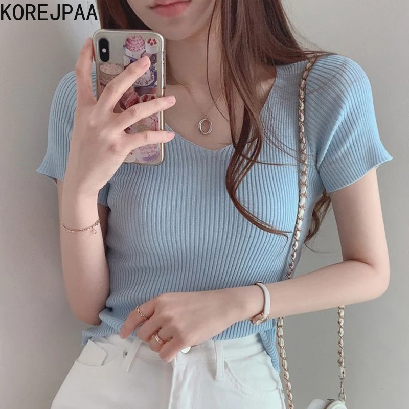 

Korejpaa Women T Shirt 2021 Summer Korean Fashion Chic Gentle Candy Color Thin V Neck Threaded Cotton Pit Knitwear Tee Top