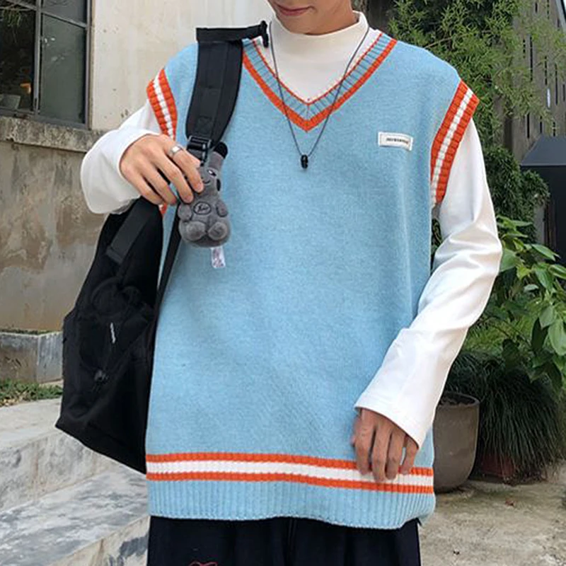 

Sweater Vest Men V-neck Shrug Patchwork Knitted Couples Ins Plus Size 3XL Oversize Harajuku Vests Ins Chic Korean Style Leisure