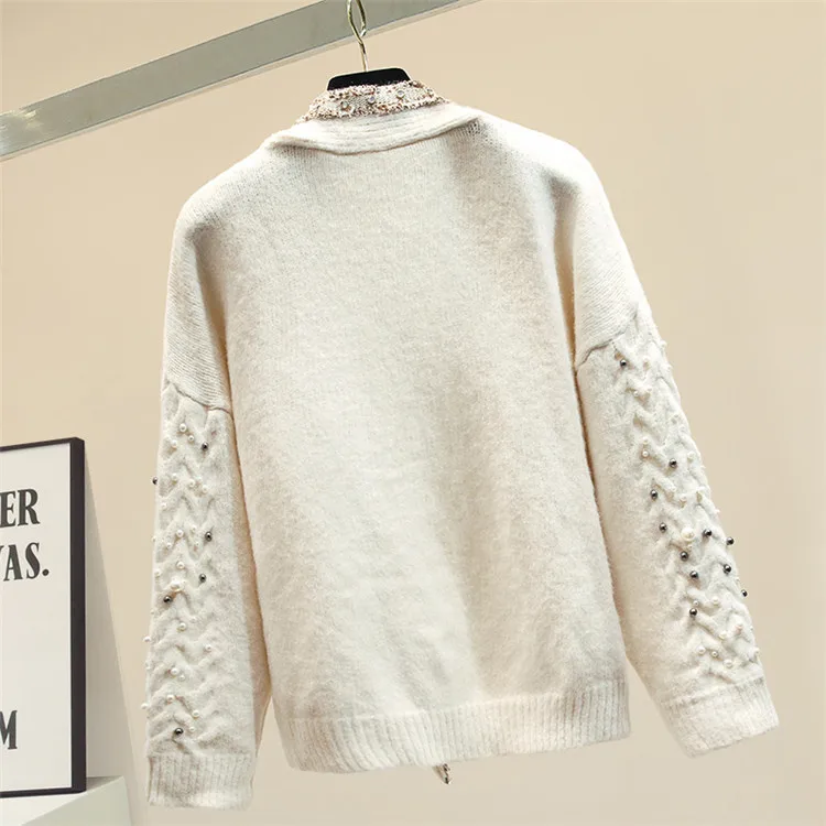 2019 Осень Зима тяжелая промышленность жемчуг твист вязаный Открытый свитер