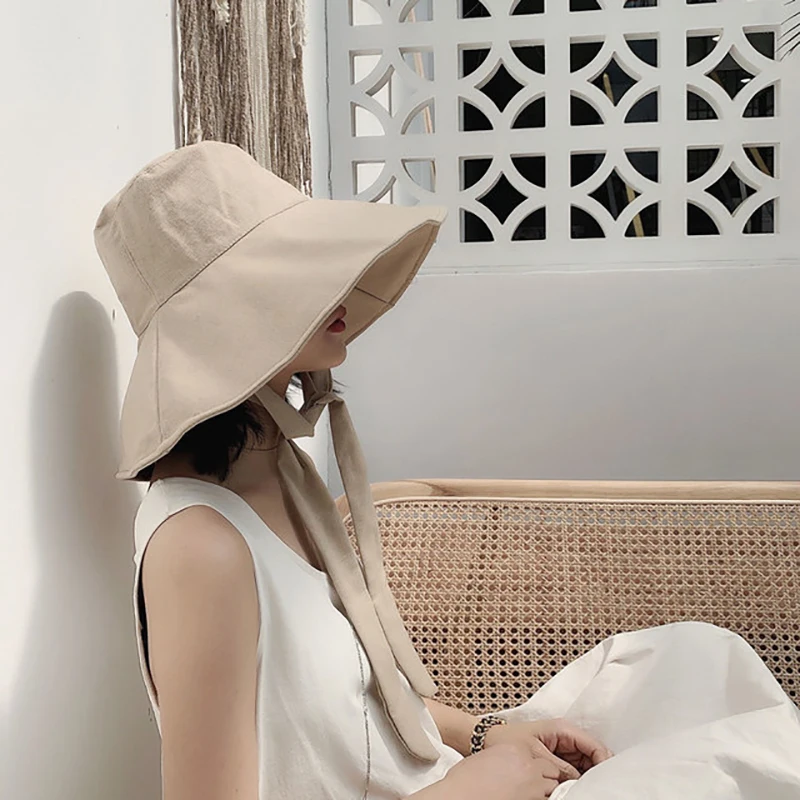 

2021 New Spring Summer Large Brim Fisherman Hat Women Cotton Linen Round Dome Bandage Bow Big Foldable Sun Hats Fishermen Hat