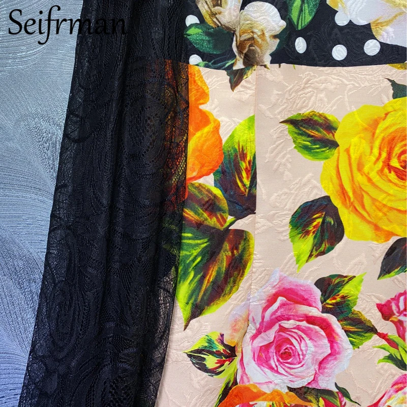 

Seifrmann Women Summer Fashion DesignerParty Short Dress Lace Lantern Sleeve Floral Print Elegant Bodycon Ladies A-line Dresses