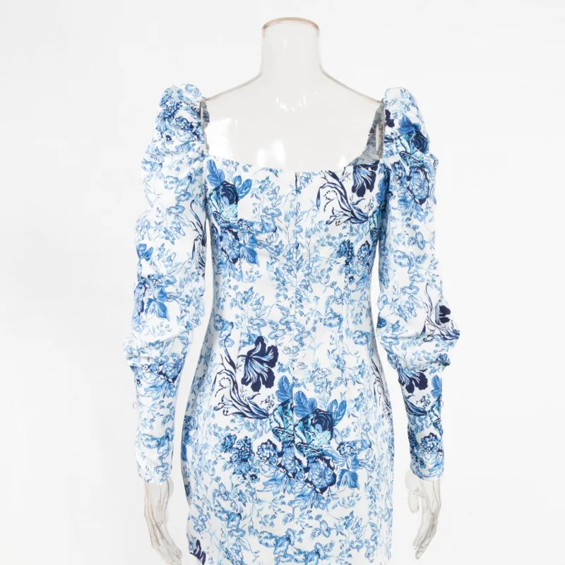 

Women Sexy Long Puff Sleeve Floral Printed Dresses Autumn Women Square Neck Bodycon Club Mini Elegant Dresses New Fashion 2020