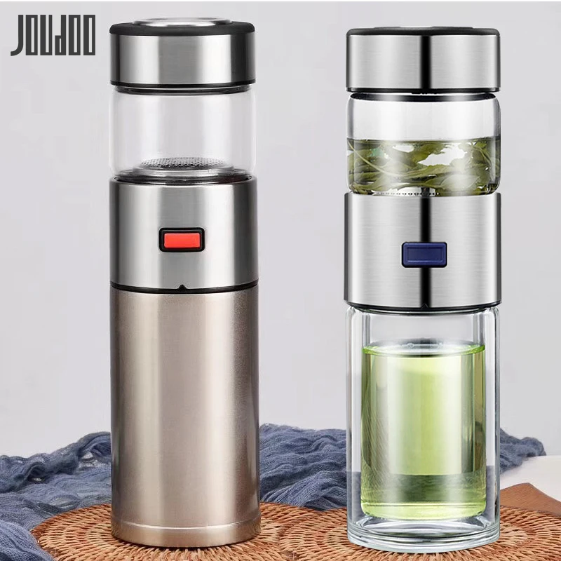 JOUDOO короткая бутылка для чая и воды, отдельно прозрачная стеклянная бутылка с двойными стенками, бутылка для воды со стальным фильтром из нержавеющей стали, стеклянная бутылка
