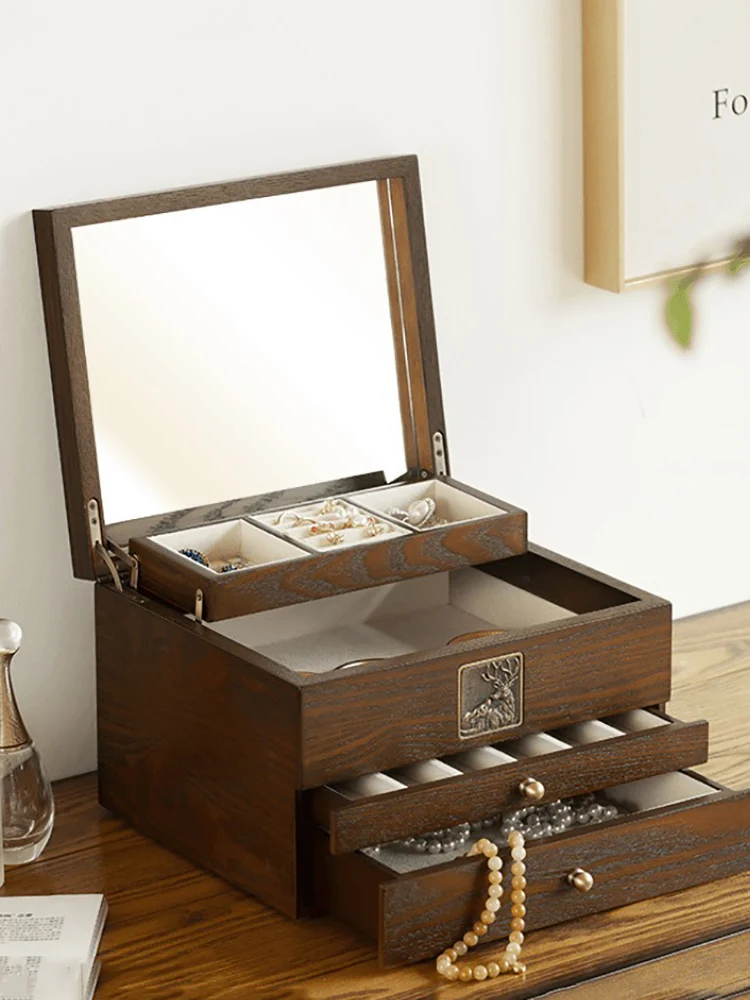 

Nordic Luxury Jewelry Storage Box Organizer for Girl Wood Large Vintage Mirror 9 Grids Desktop Storage Box Jewelry Drawer Gift