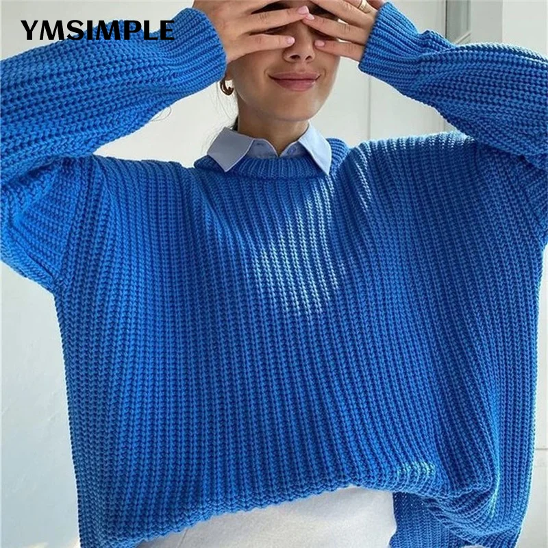 

Korean Fashion O-neck Sweater Women Long Sleeve Y2K Pullover Basic Tops Solid Ladies Loose Knitted Oversized Sweaters Blue White