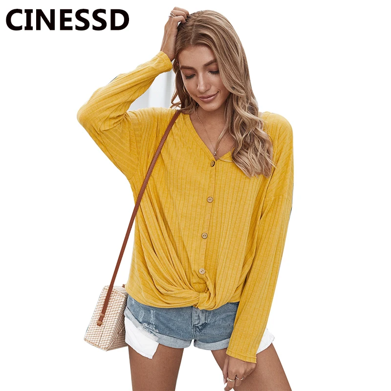 Женский трикотажный пуловер CINESSD желтый однотонный кардиган на пуговицах с v