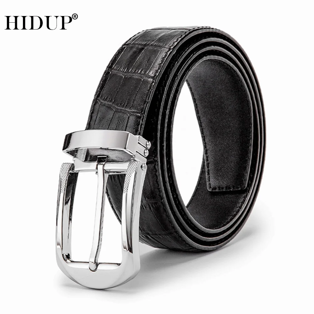HIDUP Top Quality Simple Design Pin Buckle Metal Belts Men Striped Black Cow Genuine Leather Belt 3.3cm Width Clothes NWJ105
