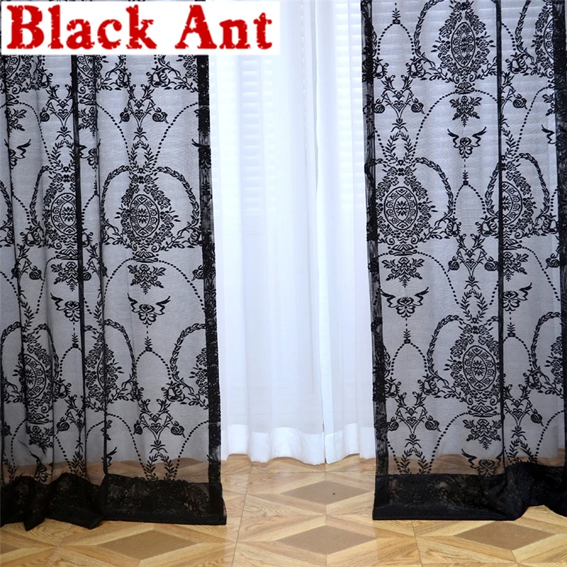 Cortinas de tul bordadas en blanco y negro para sala de estar, cortinas transparentes de gasa romántica de encaje para dormitorio, Bahía de puerta corredera, hechas a medida 2