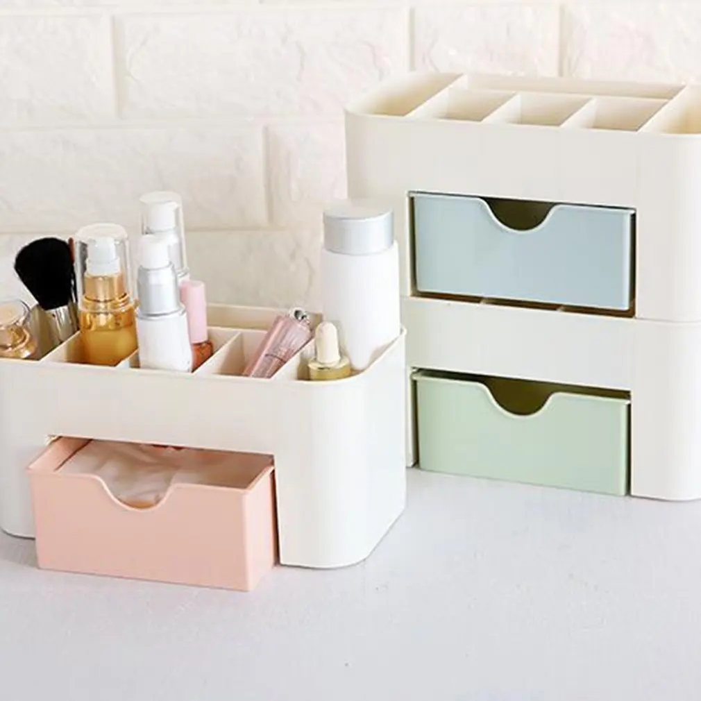 

Multi-function Desktop Cosmetic Organizer Case with Small Plain Color DrawerMakeup Box Jewelry Box Storage Desk Storage Plastic
