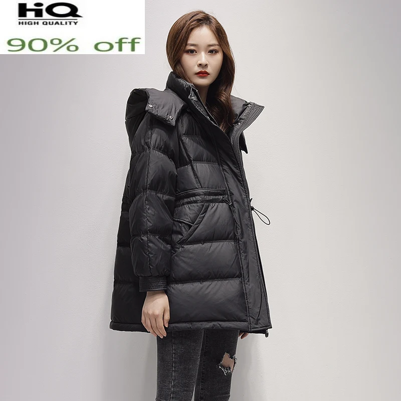 

2022 New Fashion Winter Coat Women Warm Hooded White Duck Down Jacket Femme Long Korean Parka Loose Doudoune Femme SQQ461