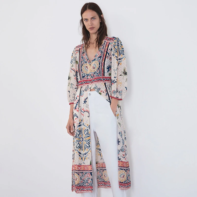 Шифоновая рубашка с принтом ZA длинное платье в стиле бохо v образным вырезом