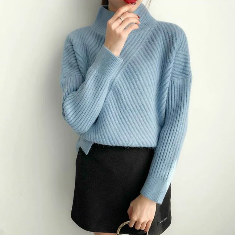 

Autumn Winter Knitted Women Seater Turtleneck Sweater O-Neck Pullover Thickening Bottom Shirt Wild Fashion Ladies Loose Sweater