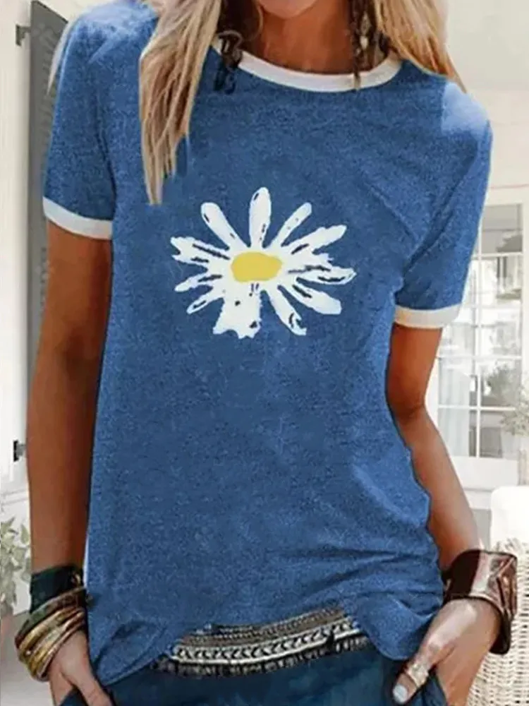 

T Shirt Women Daisy Flower Basic Crew Neck Y2k Aesthetic Graphic Tee Casual Blue Green Black Top Female Support Dropshipping