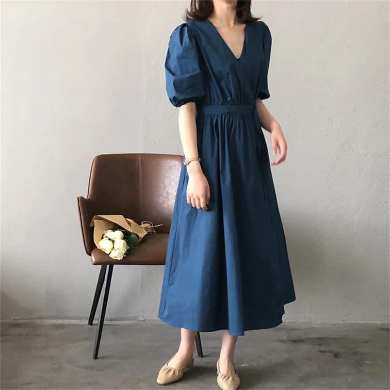 

Sexy V neck Dress 2020 Summer New Women High Waist Slim Dress Short Sleeve White Blue Belt Dress Vintage Vestidos