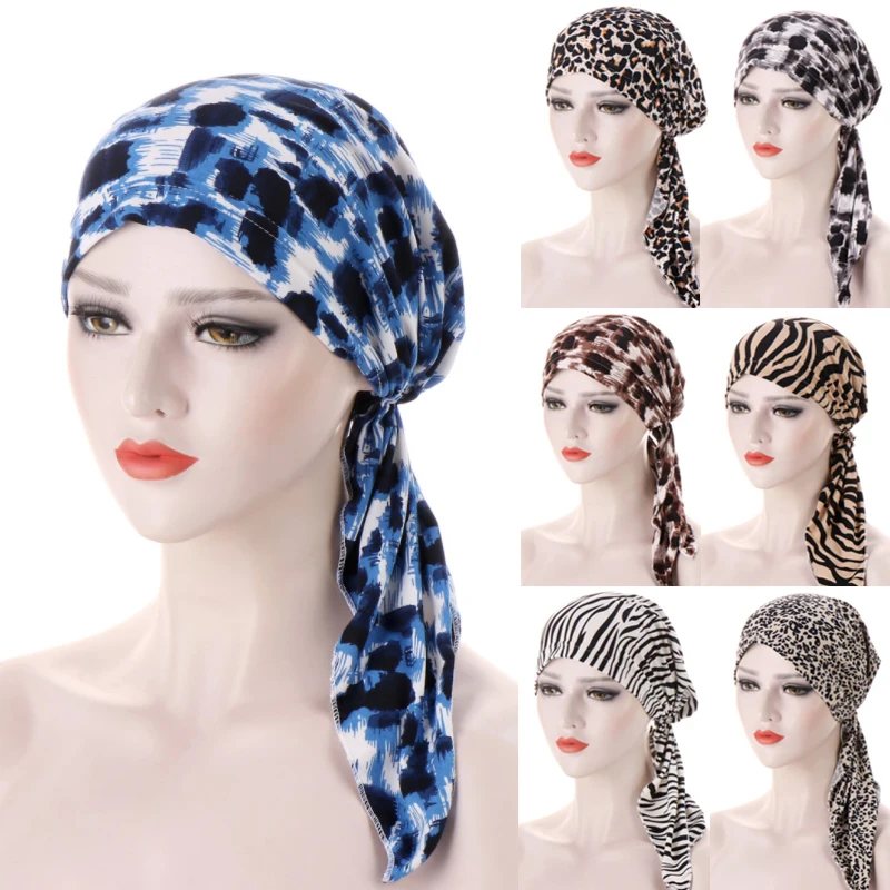 

New Muslim Women Soft Turban Hat Leopard Zebra Head Scarf Printed Ladiess Cotton Chemo Cap Inner Hijabs Hair Accessories