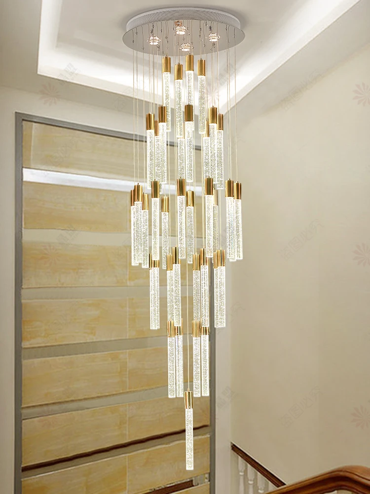 

Crystal long chandelier modern minimalist creative personality lamps light luxury Hong Kong-style villa duplex building spiral