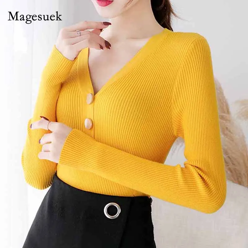 

Autumn and Winter Women Knitwear Long Sleeve Knitted V-neck Solid Korean Sweater Women Bottoming Slim Office Lady Pullover 10918