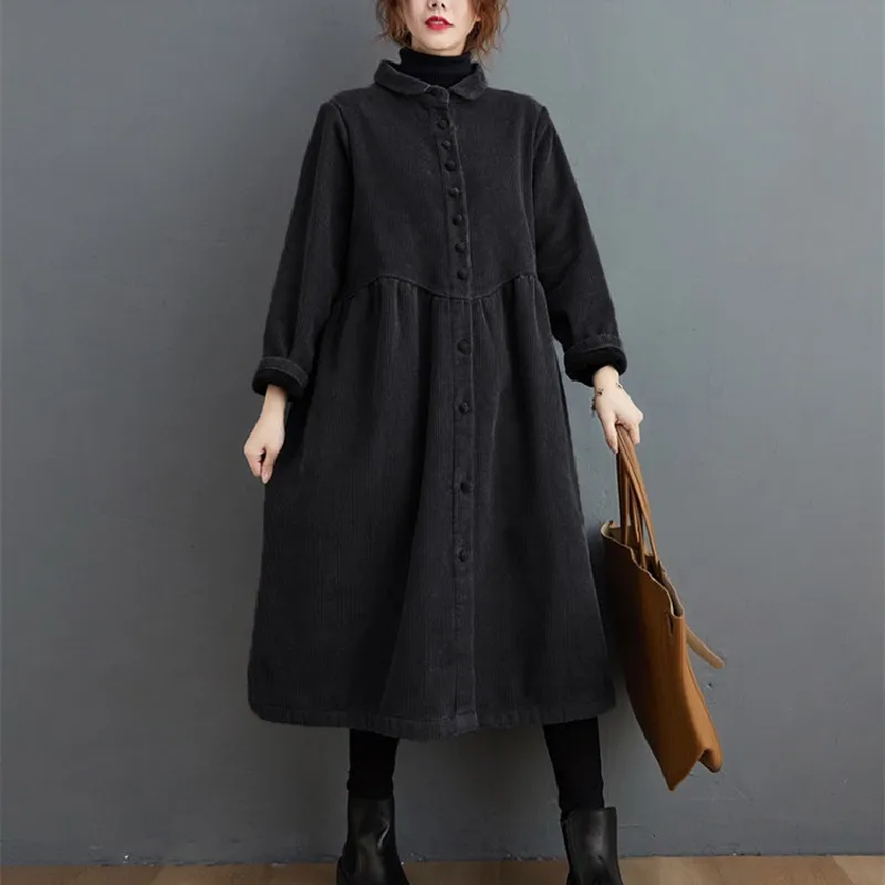 

2022 New Spring Autumn Long Trench Coat Women Fashion Vintage Simple Corduroy All-Match Single-breasted Windbreaker Jacket Femme