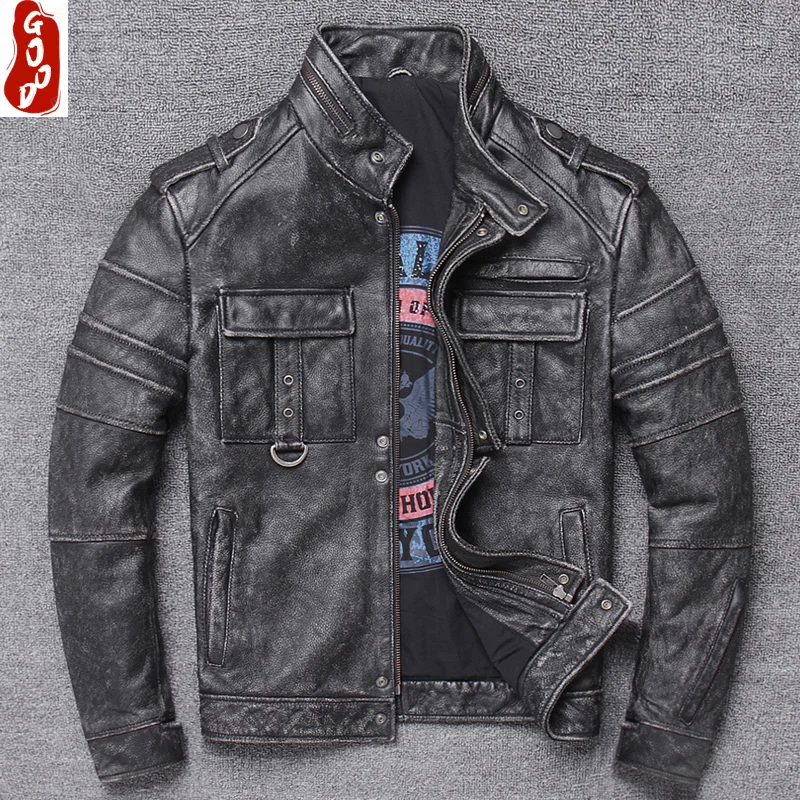 

100% Real Leather Jacket Men Autumn Winter Clothes Streetwear Moto Fit Genuine Cow Leather Coat Men's Leather Jacket 9086