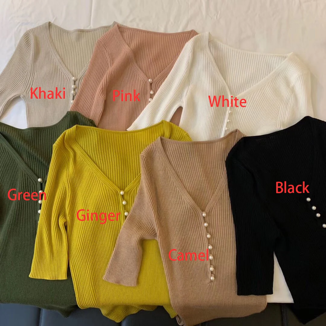 

Sweater 2021 Women Early Spring New Skin-friendly Wool Pullover Pearl Buckle Thin Sleeve V-neck Knit