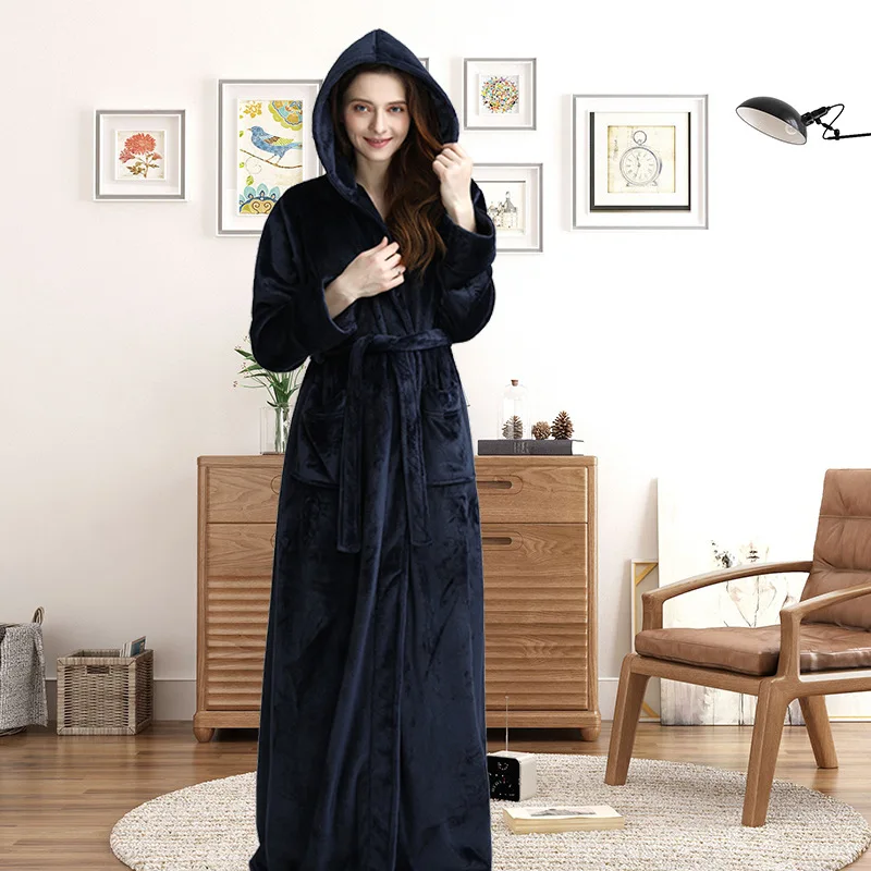 women hooded navy Фланелевый Халат для влюбленных размера плюс, удлиненный теплый Халат с капюшоном для мужчин и женщин, плотное зимнее кимоно, банный халат, мужской халат, халаты - Цвет: women hooded navy