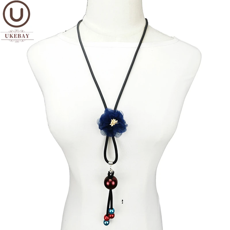 

UKEBAY Long Pendant Necklaces Blue Flower Jewelry Women Rubber Sweater Necklace Match Clothes Boho Jewelry Fashion Design Chains