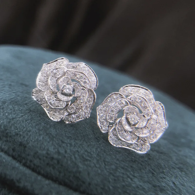 

Luxury Silver Color Filled Full Zircon Camellia Earrings for Party Women Crystal Earrings Shine Bling Jewelry Accessories Gifts