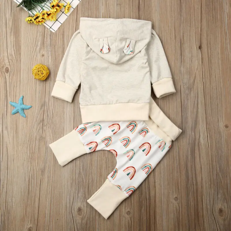 Infant Baby Boy Girl Autumn Clothes Hooded Tops Rainbow Stripes Long Pants Outfit Set Spring Clothing | Детская одежда и обувь