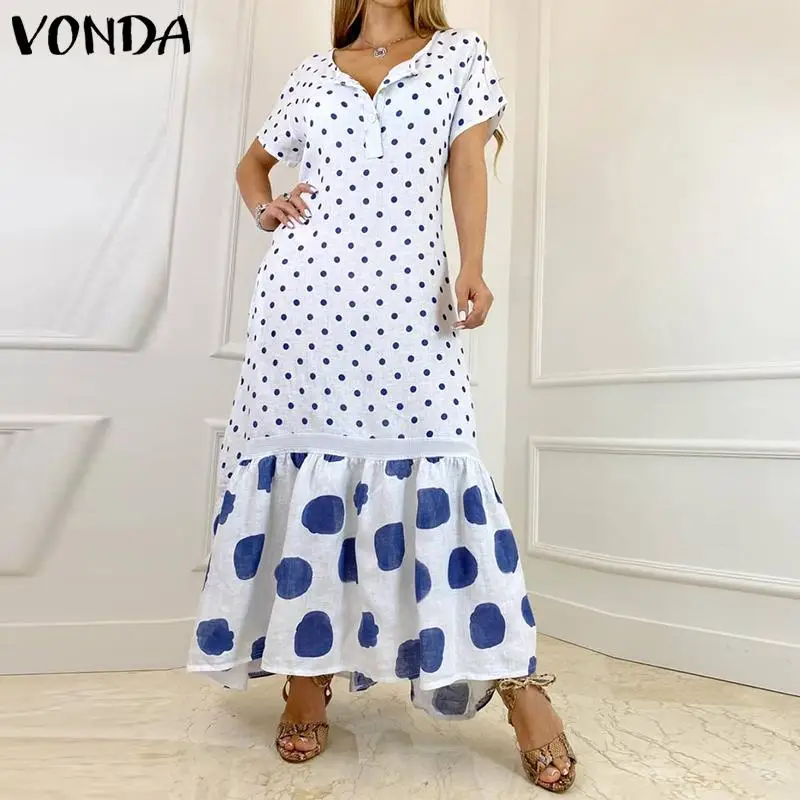 

Summer Dress Bohemian Vestidos VONDA Casual O Neck Vintage Polka Dot Ruffled Hem Robe Dresses Button Up Short Sleeve Vestidos