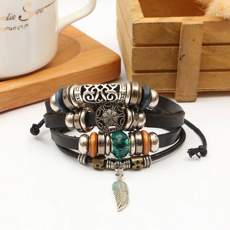 Женский и мужской браслет в стиле панк из кожи с синими кристаллами листьями