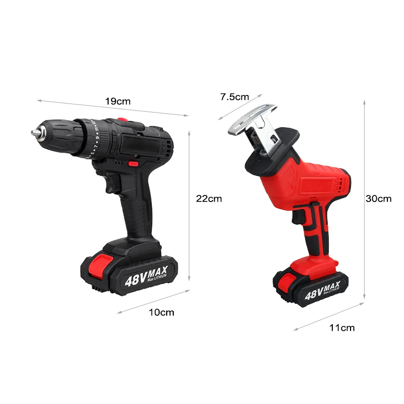 

48V Rechargeable Power Tool Set 25+3 Torque Impact Electric&Reciprocating Saw Set Power Driver 2 PCS Battery LED Light DIY Work