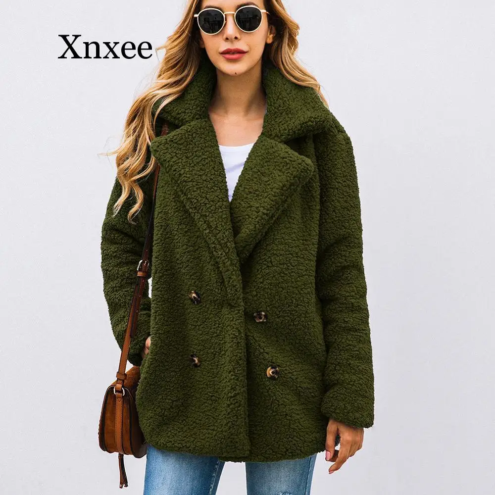 wool Fox fur autumn winter double-breasted women's fur coat turndown-collar loose plush coat women teddy jacket sheepskin coat