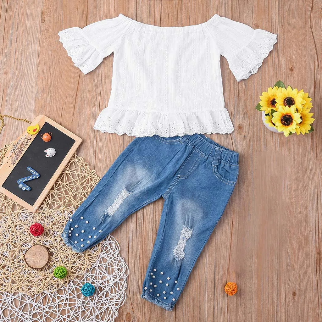 Кружевная футболка с оборками открытыми плечами Одежда для новорожденных