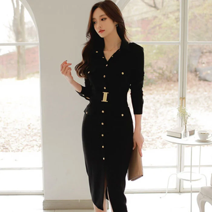 

2021 Autumn New Korean Style Women's Elegant Slim Mid-Length Dress Nuyoah