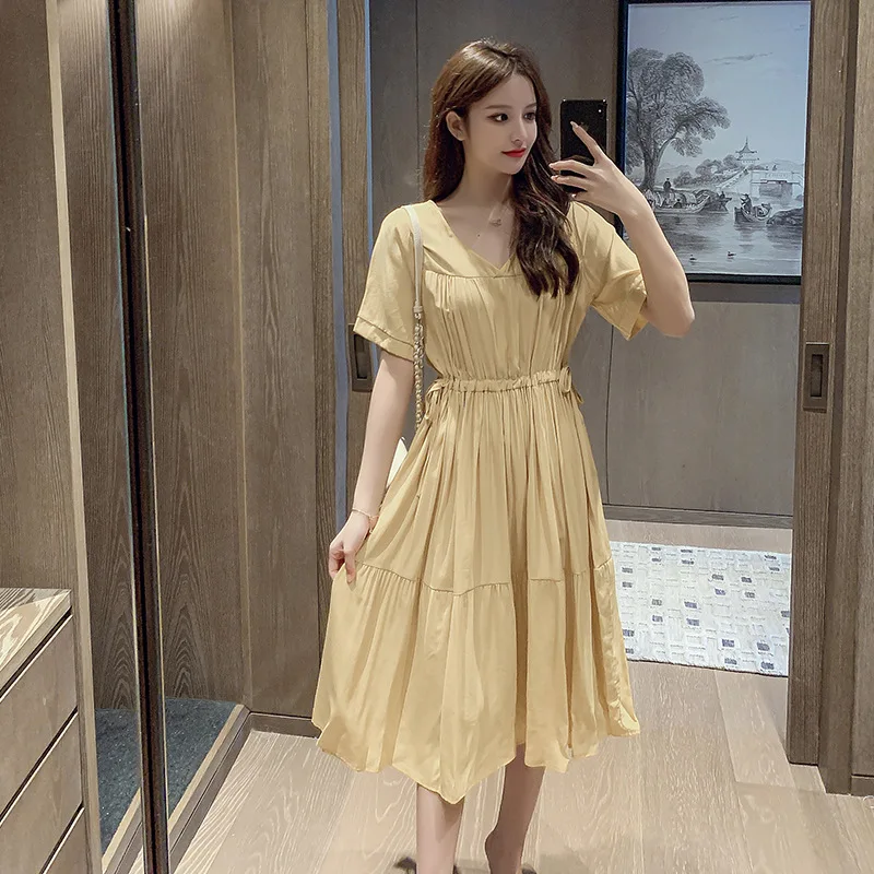 

Women Solid Vintage Dress Ladies Elegant Knee-Length Preppy Style V-Neck Dresses Adjustable Belt