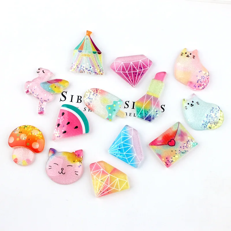 Colorful Glitter Resin Cabochons 10pcs Flatback Kawaii Fruit Watermelon Animal Cat Mushroom Ice Cream Horse Castle Cameo Patch | Украшения
