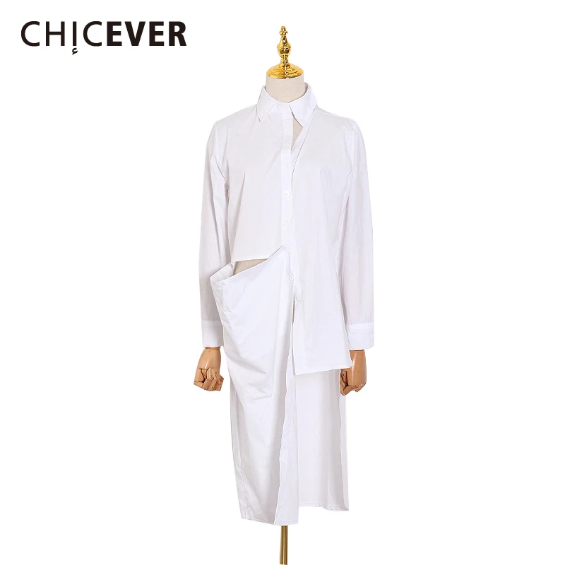 

CHICEVER Hollow Out Shirts For Women Lapel Collar Long Sleeve Irregular Blouse Tops Female Casual Fashion 2020 Spring Clothes