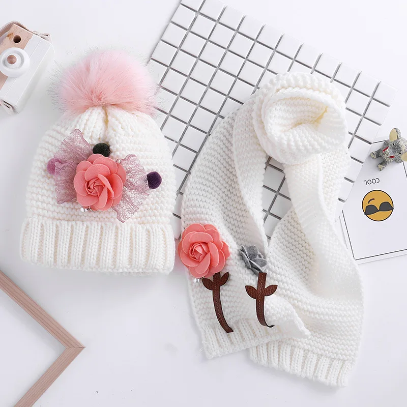 Winter Knitted 3-8 Years Fur ball beanies sets velvet wool kids Girls Knit fur hats winter 2 pcs baby girl scarf hat set HT19046 | Детская