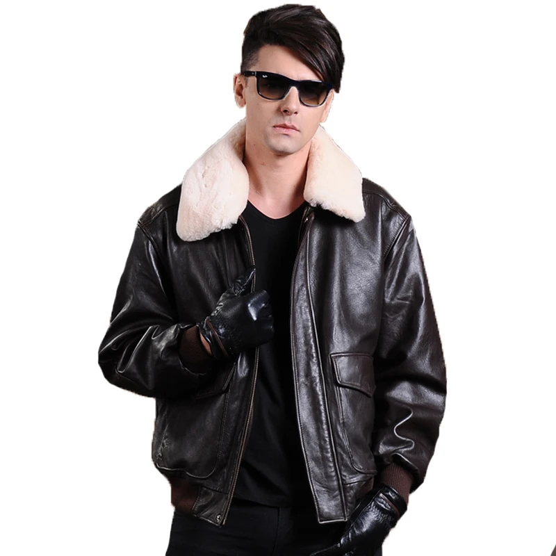 

2020 Black Men American UASF Pilot Jacket Wool Collar Europe Size XXL Genuine Sheepskin Military Aviator Leather Coat
