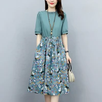cotton and linen floral stitching dress female summer 2021 new temperament age reduction a line skirt tide dress