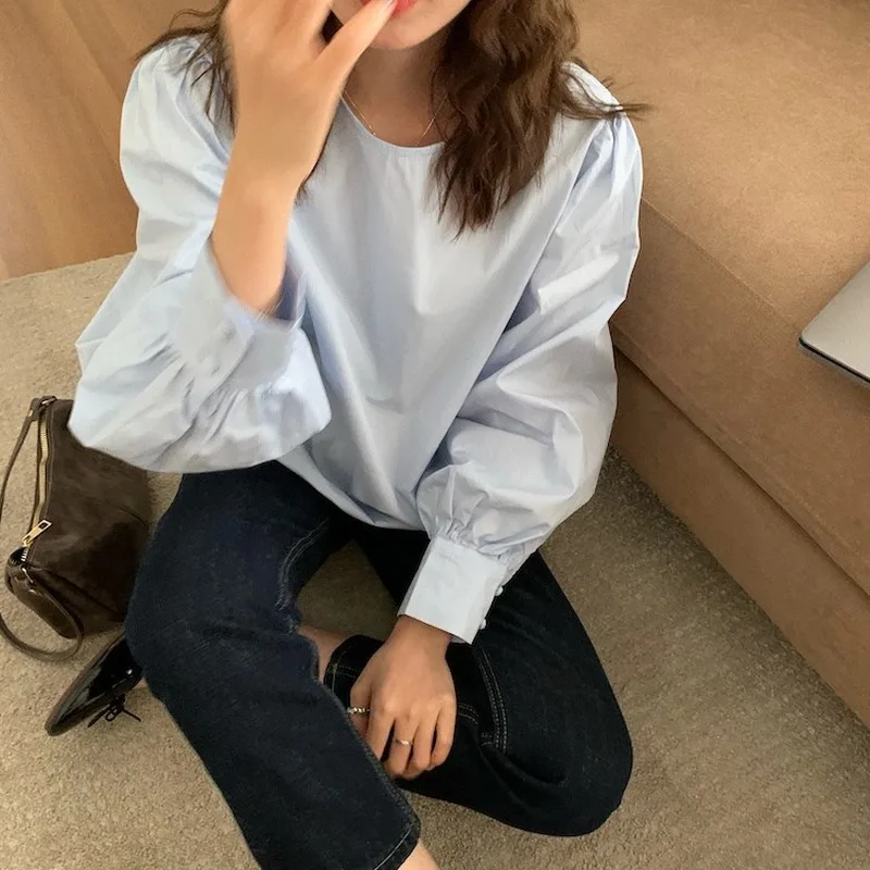 

Spring New Women Blouse Korean Puff Sleeve O-neck Elegant Shirt 2021 Pullover Blusas Mujer De Moda Verano