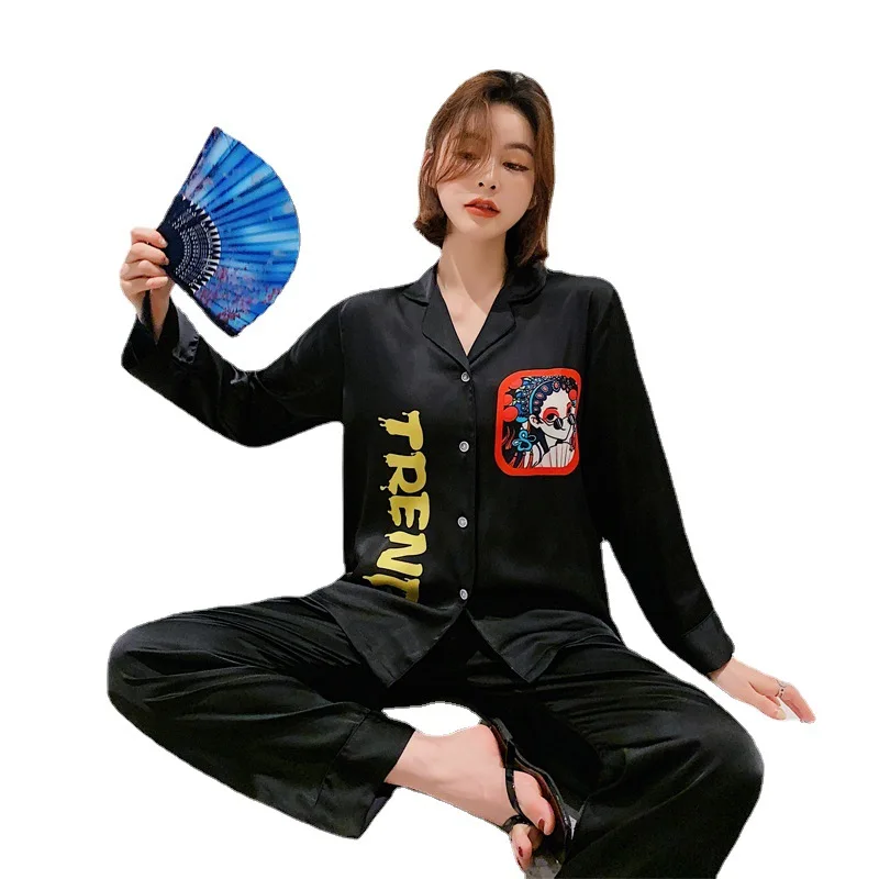 

Couple Print Peking Opera Characters Pajamas Sets Turn-down Collar Pyjamas Suit Rayon Sleepwear Chinese Style Lounge Nightwear