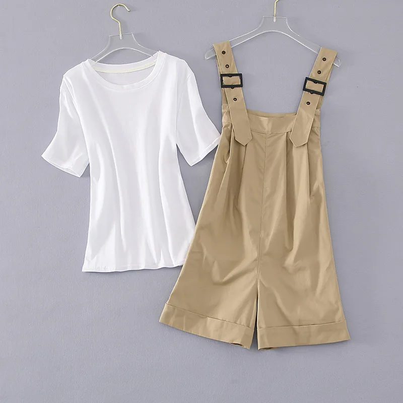 

2021 New Simple Women's Two Piece Set White Cotton Loose T Shirt Top + Green Jumpsuits Overall Strap Flare Shorts Suits Sets
